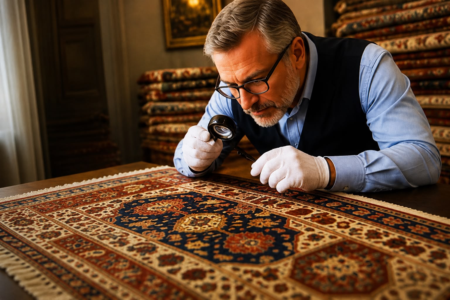Professional rug appraiser carefully examining an antique Persian rug