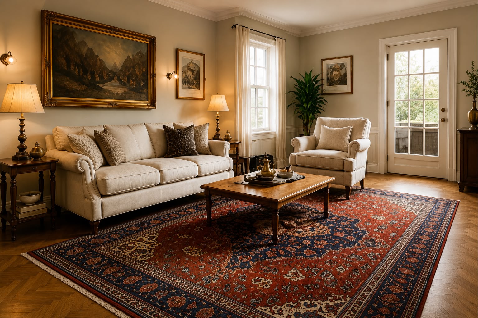 Elegant living room with a beautiful antique Persian rug as centerpiece