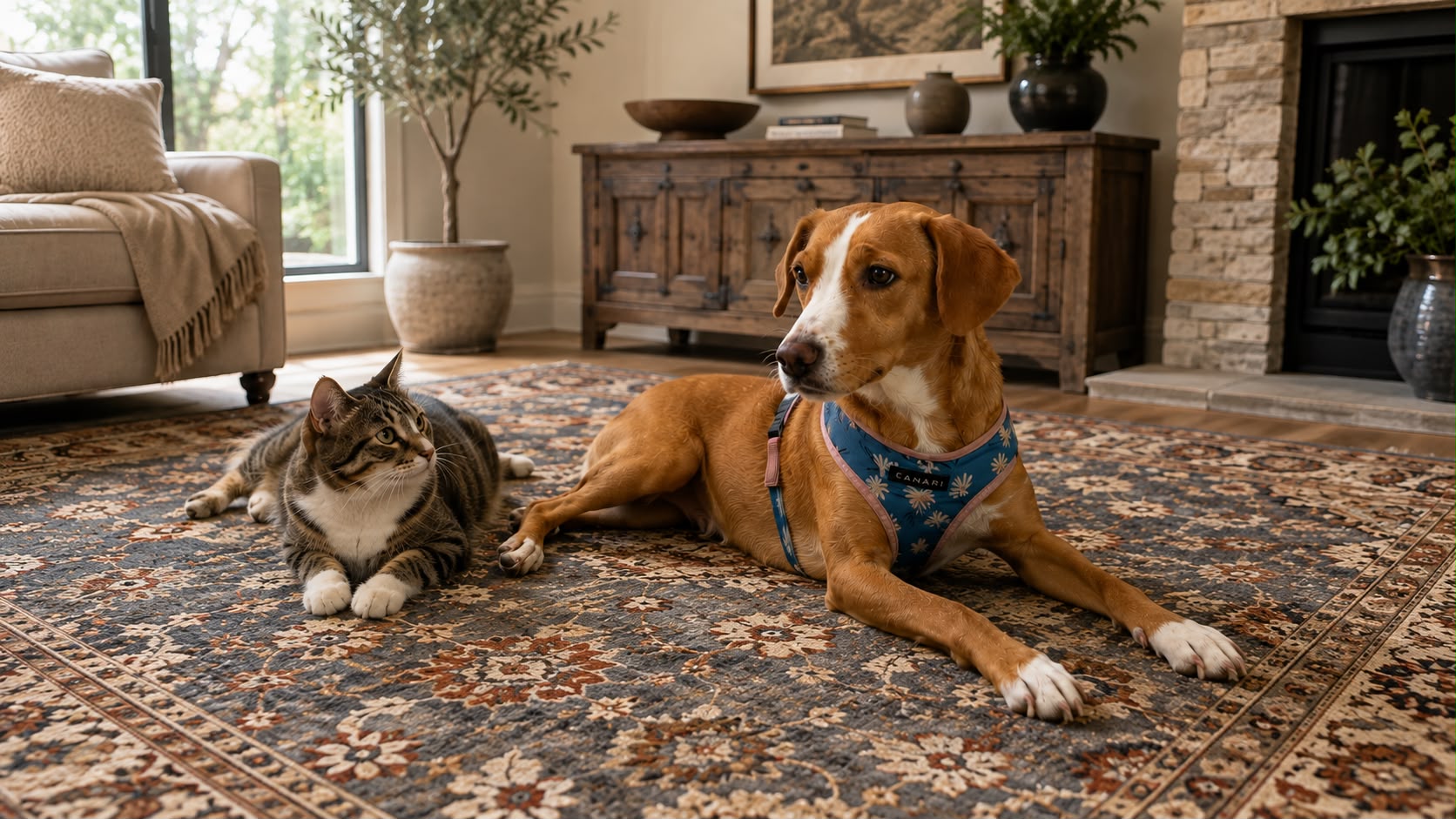 Dog and cat sitting happily on a rug